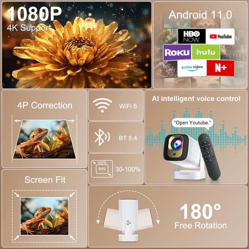 Salange HY260 PRO Auto Focus Projector | Native 1080P, 4K Support, 330 ANSI, Android 11, WiFi6, BT5.4 & Voice Remote.