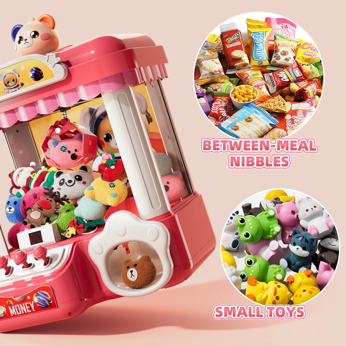 Mini máquina de garra de juguete para niños | Juego de arcade que funciona con monedas, con luces y sonidos para diversión interactiva.