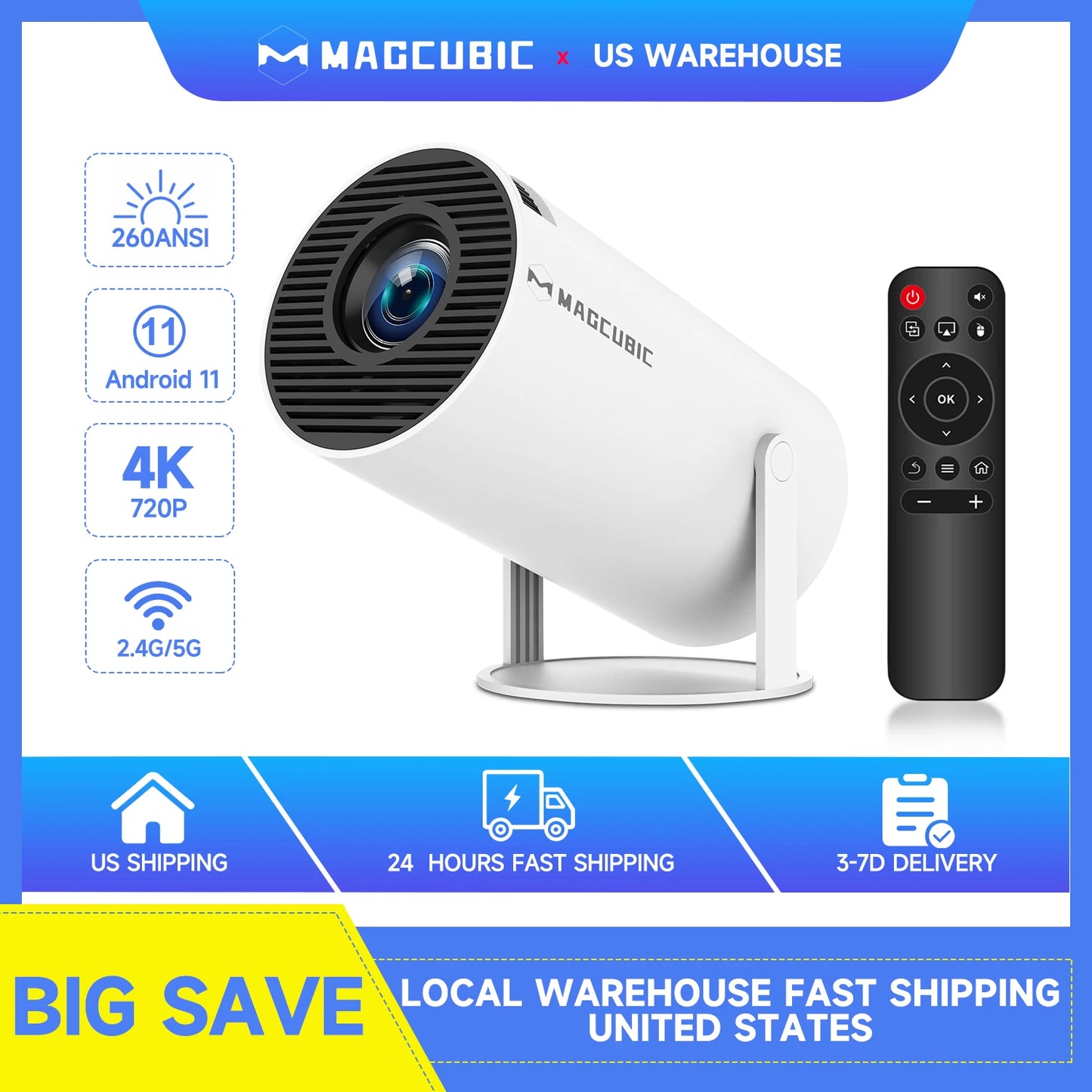 Magcubic HY300 Pro | Proyector 4K de 260 ANSI con Android 11, WiFi 6 y Bluetooth 5.0 para cine en casa y al aire libre 